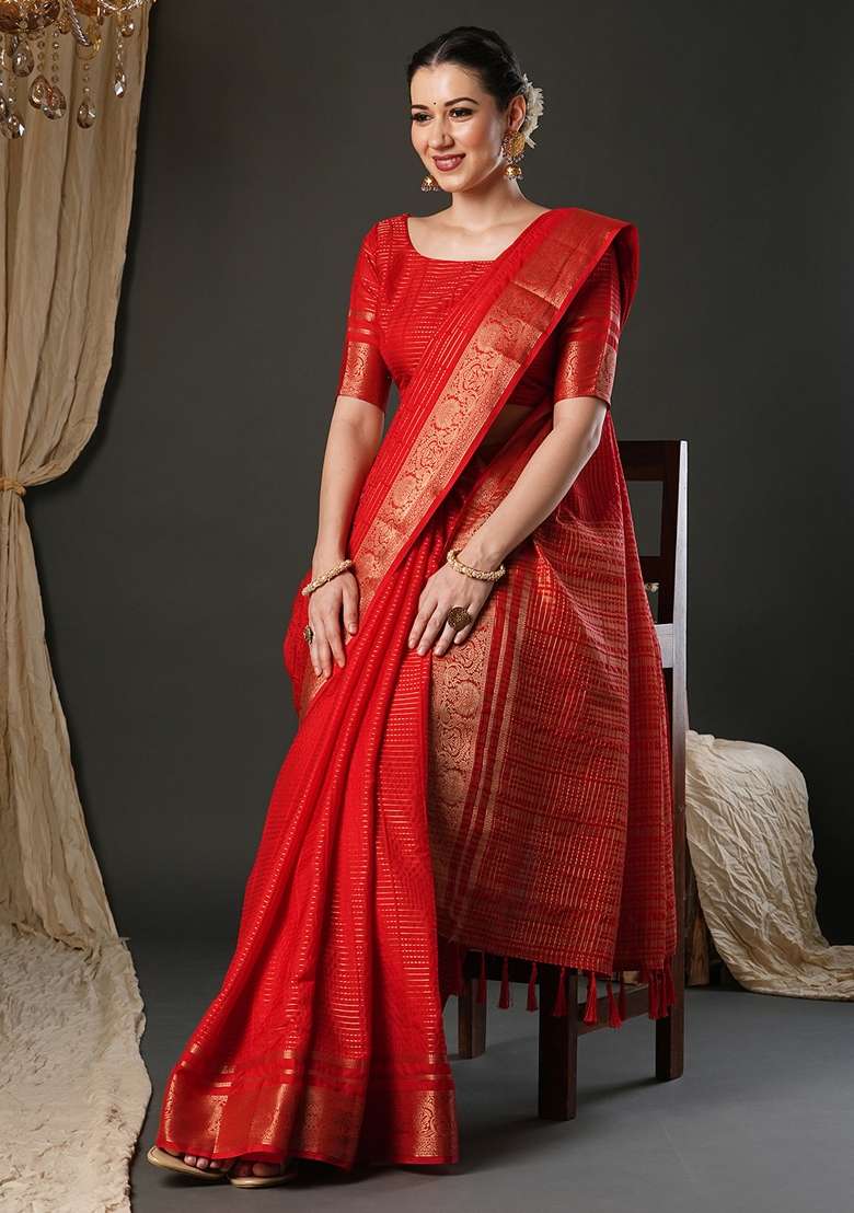 Red Printed Viscose Saree Set for Diwali and Festive Wear - Indya