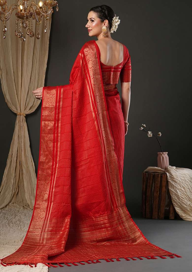 Red Printed Viscose Saree Set for Diwali and Festive Wear - Indya