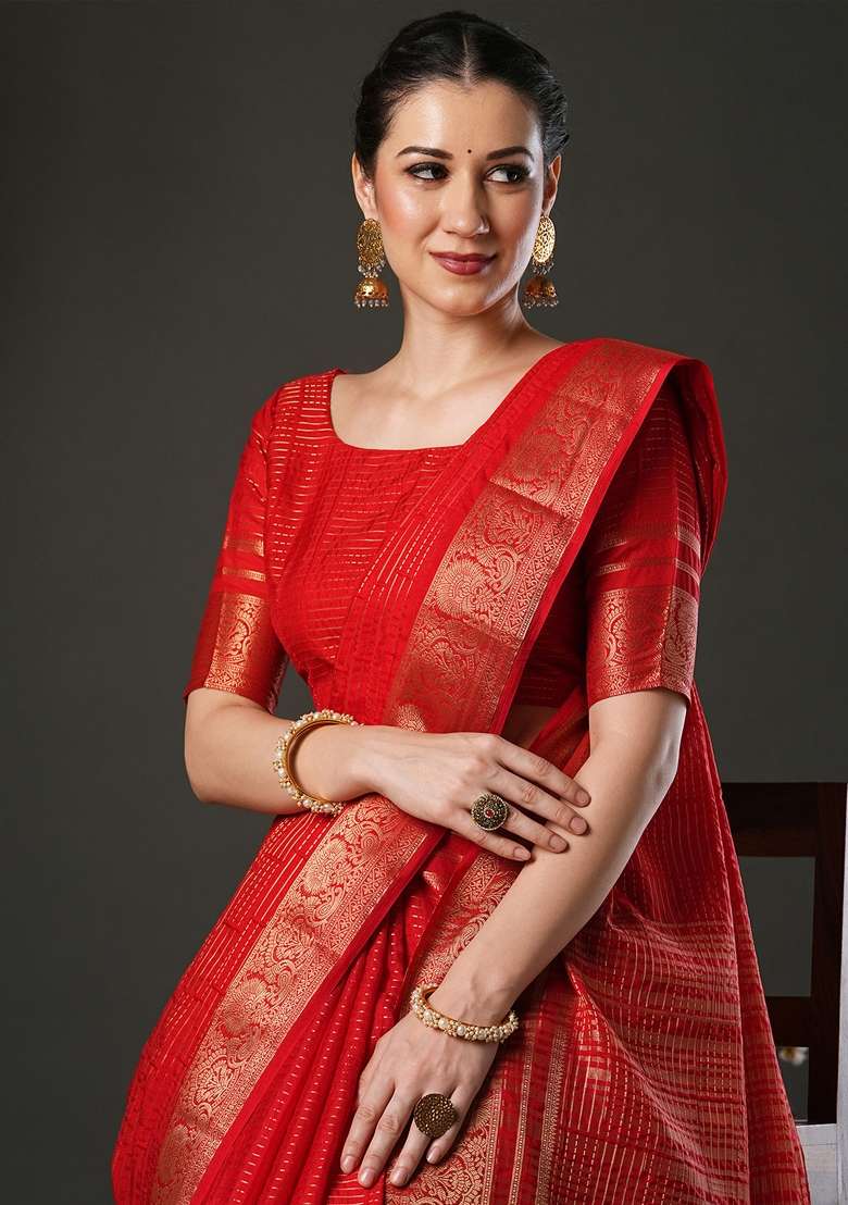 Red Printed Viscose Saree Set for Diwali and Festive Wear - Indya
