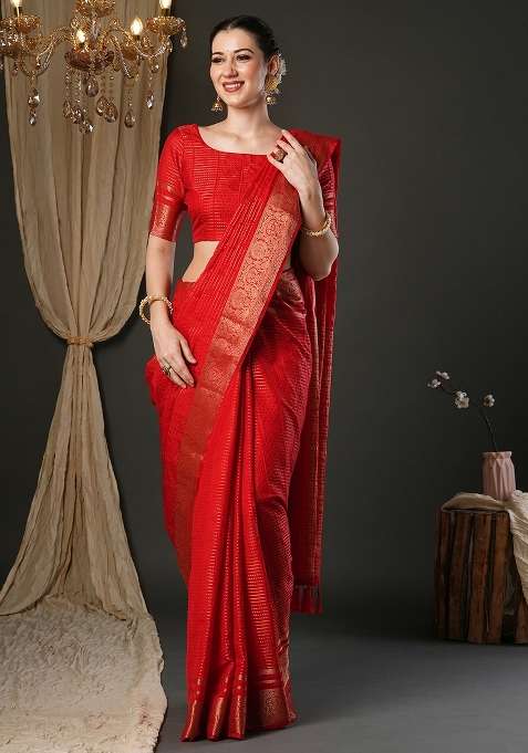 Red Printed Viscose Saree Set for Diwali and Festive Wear