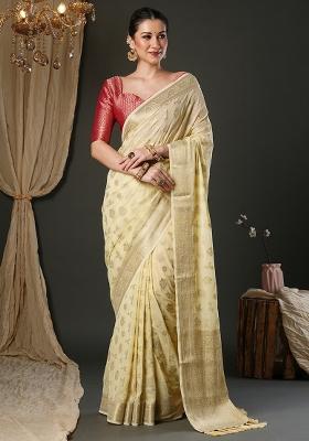 Cream Printed Pure Georgette Saree Set