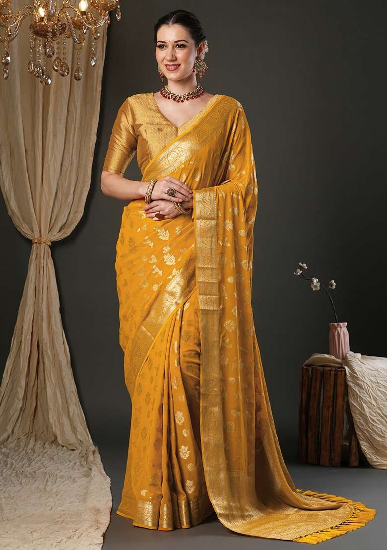 Yellow Pure Georgette Saree Set with Printed for Diwali | Wedding & Festive Wear - Indya