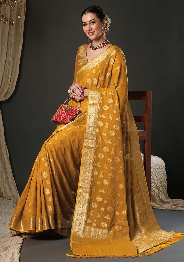 Yellow Pure Georgette Saree Set with Printed for Diwali | Wedding & Festive Wear - Indya