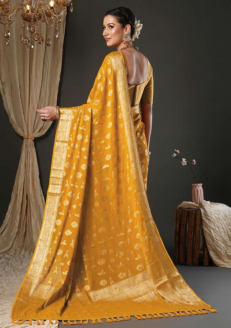 Yellow Pure Georgette Saree Set with Printed for Diwali | Wedding & Festive Wear - Indya