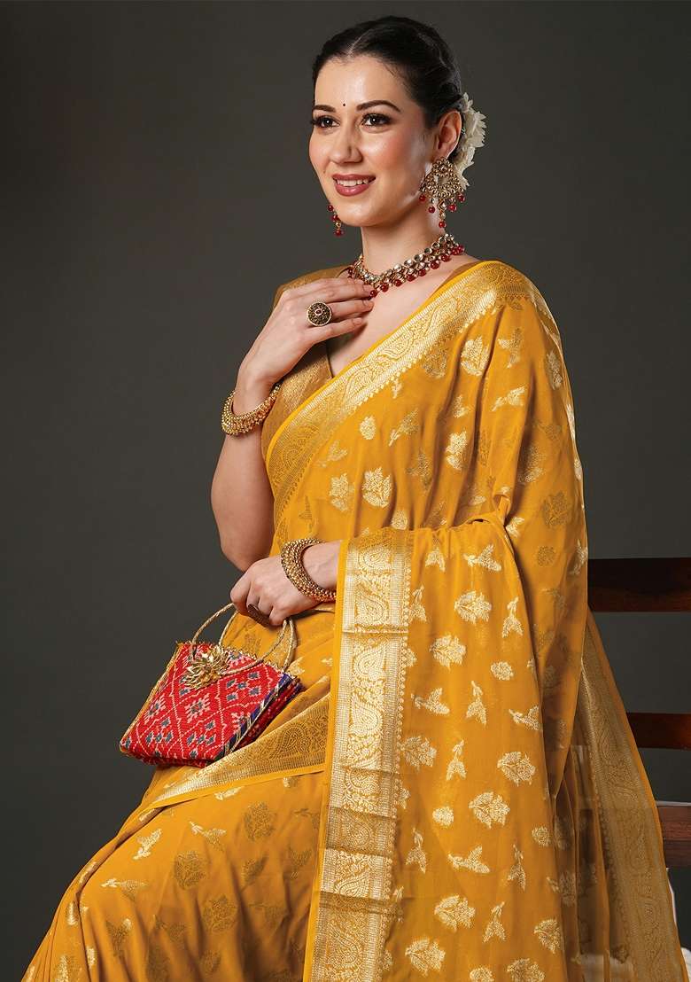 Yellow Pure Georgette Saree Set with Printed for Diwali | Wedding & Festive Wear - Indya