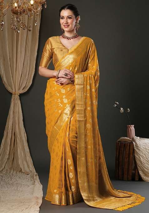 Yellow Pure Georgette Saree Set with Printed for Diwali | Wedding & Festive Wear