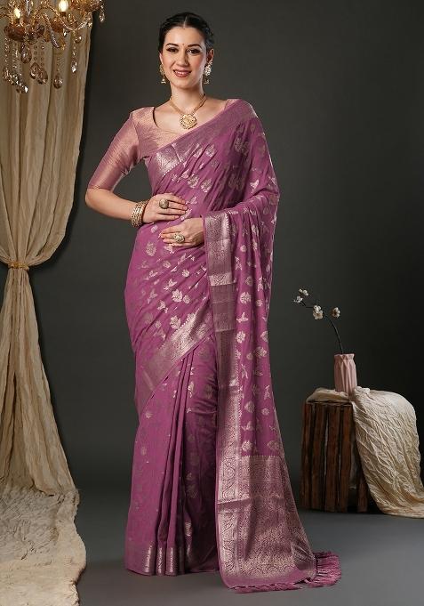 Mauve Printed Pure Georgette Saree Set — view on Indya
