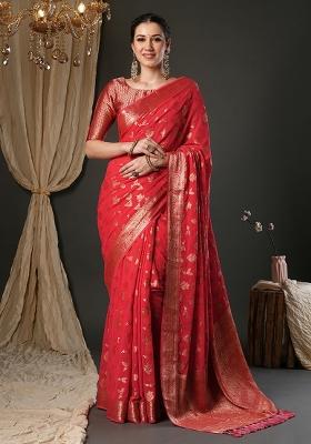 Red Printed Pure Georgette Saree Set
