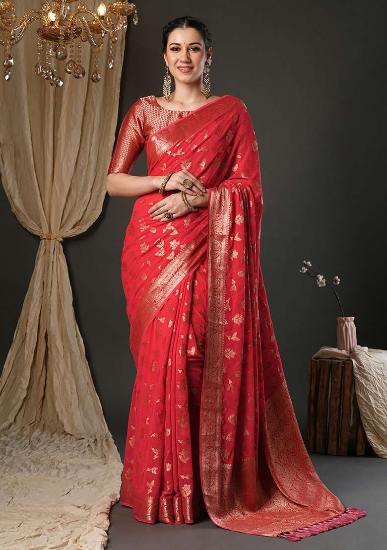 Red Printed Pure Georgette Saree Set for Diwali and Festive Wear - Indya
