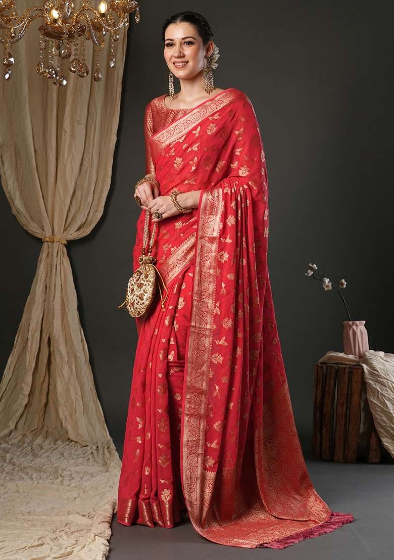 Red Printed Pure Georgette Saree Set for Diwali and Festive Wear - Indya