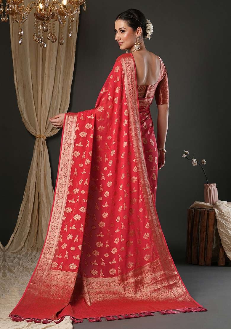 Red Printed Pure Georgette Saree Set for Diwali and Festive Wear - Indya