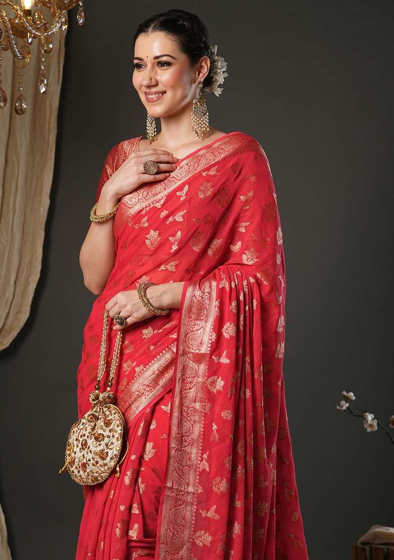 Red Printed Pure Georgette Saree Set for Diwali and Festive Wear - Indya