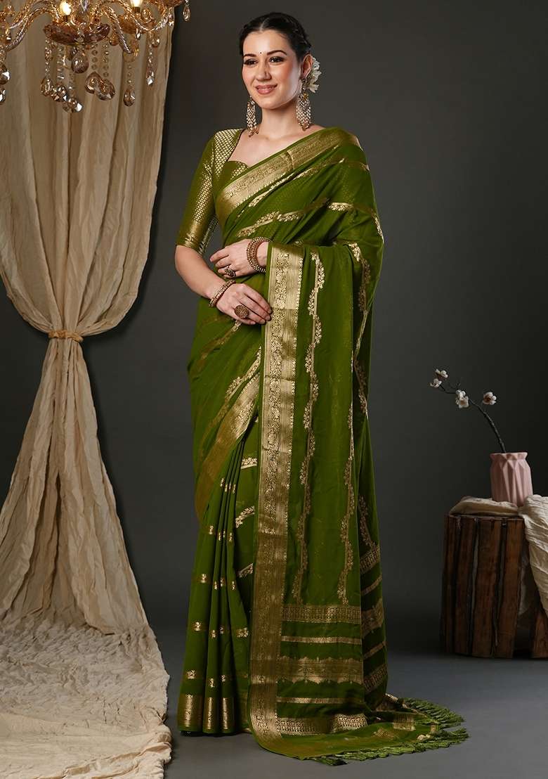 Olive Printed Pure Georgette Saree Set for Diwali and Festive Wear - Indya