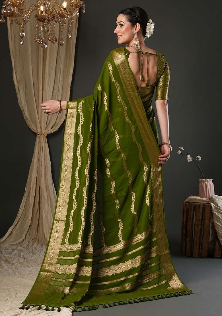 Olive Printed Pure Georgette Saree Set for Diwali and Festive Wear - Indya