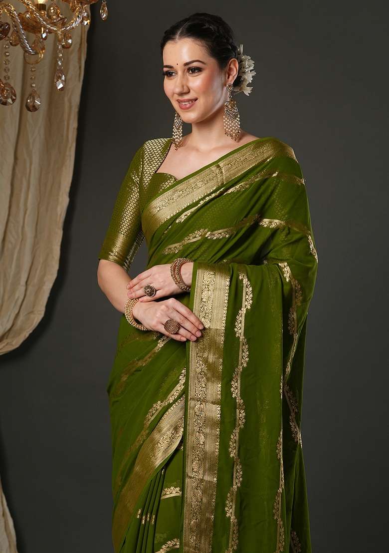 Olive Printed Pure Georgette Saree Set for Diwali and Festive Wear - Indya