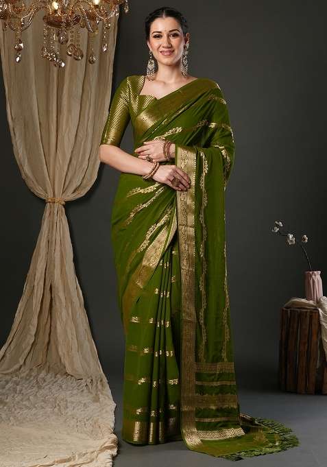 Olive Printed Pure Georgette Saree Set for Diwali and Festive Wear