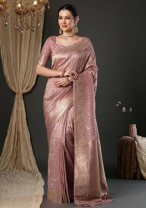 Mauve Printed Viscose Saree Set — view on Indya