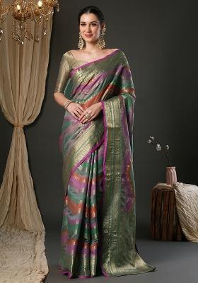 Grey Printed Organza Saree Set