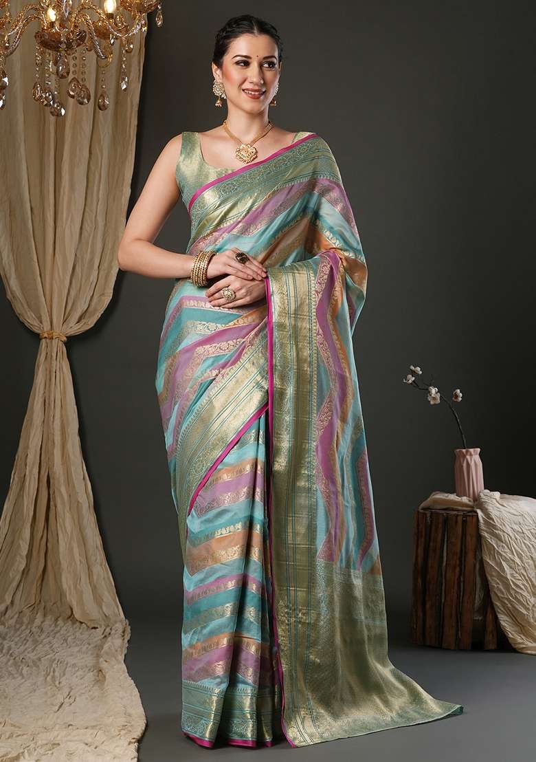 Light Blue Printed Organza Saree Set - Indya