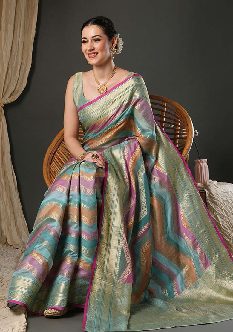 Light Blue Printed Organza Saree Set - Indya