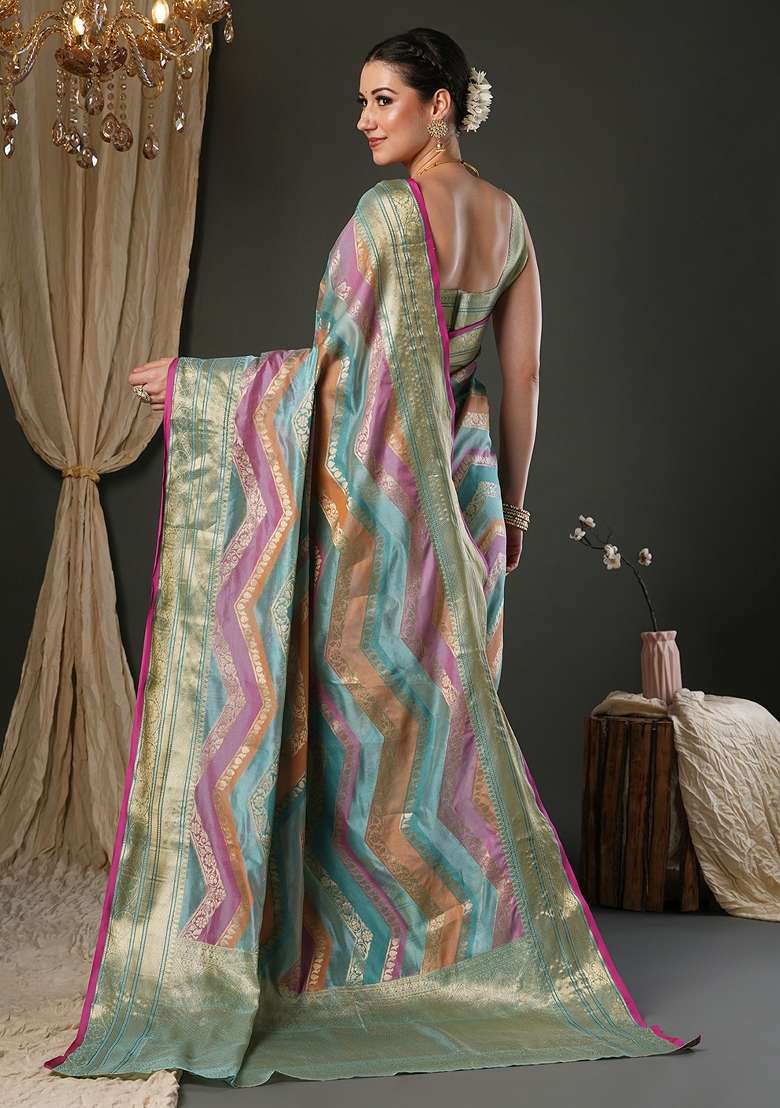 Light Blue Printed Organza Saree Set - Indya