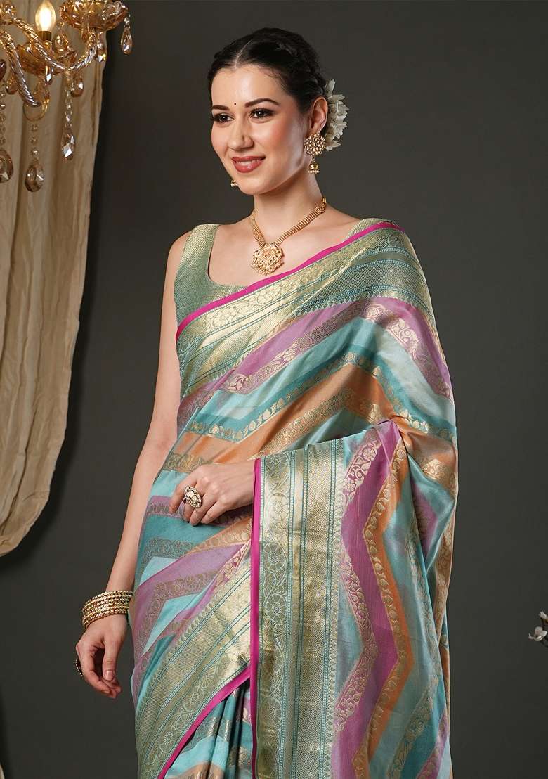 Light Blue Printed Organza Saree Set - Indya