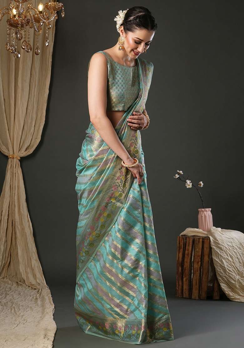 Light Blue Printed Organza Saree Set for Diwali and Festive Wear - Indya