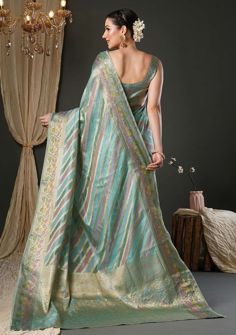 Light Blue Printed Organza Saree Set for Diwali and Festive Wear - Indya