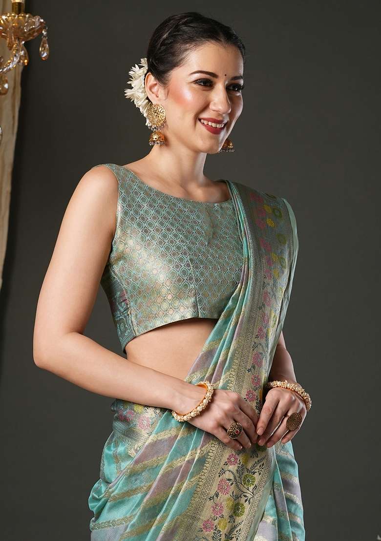 Light Blue Printed Organza Saree Set for Diwali and Festive Wear - Indya
