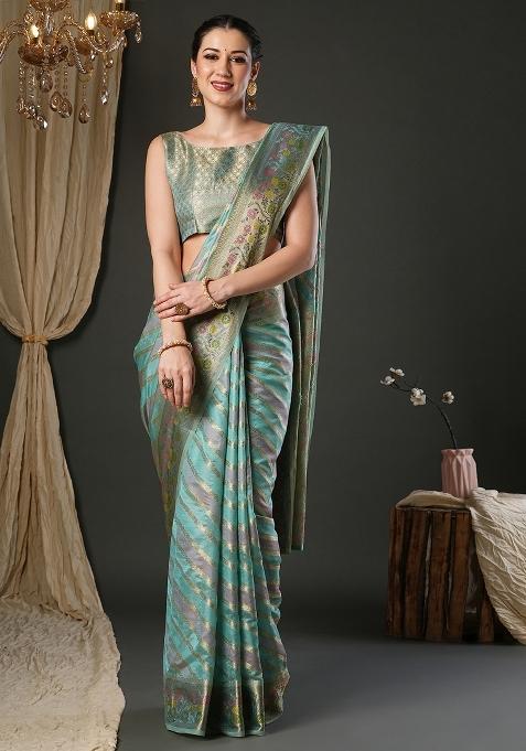 Light Blue Printed Organza Saree Set — view on Indya