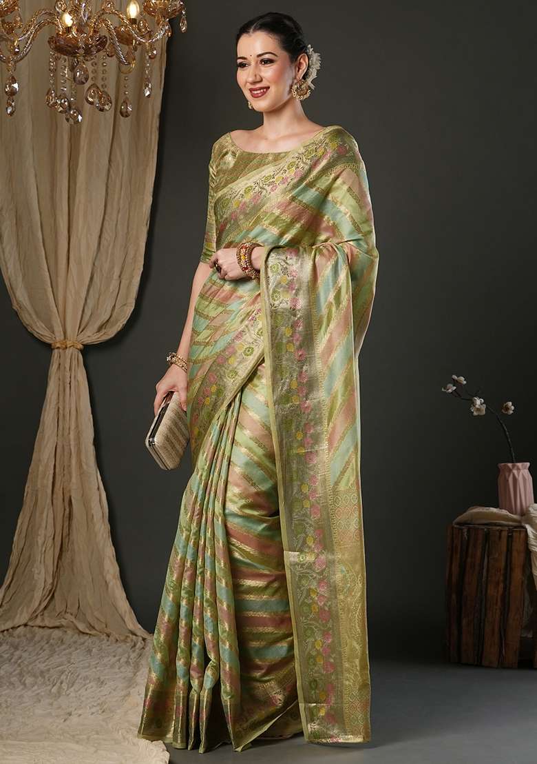 Light Green Printed Organza Saree Set - Indya