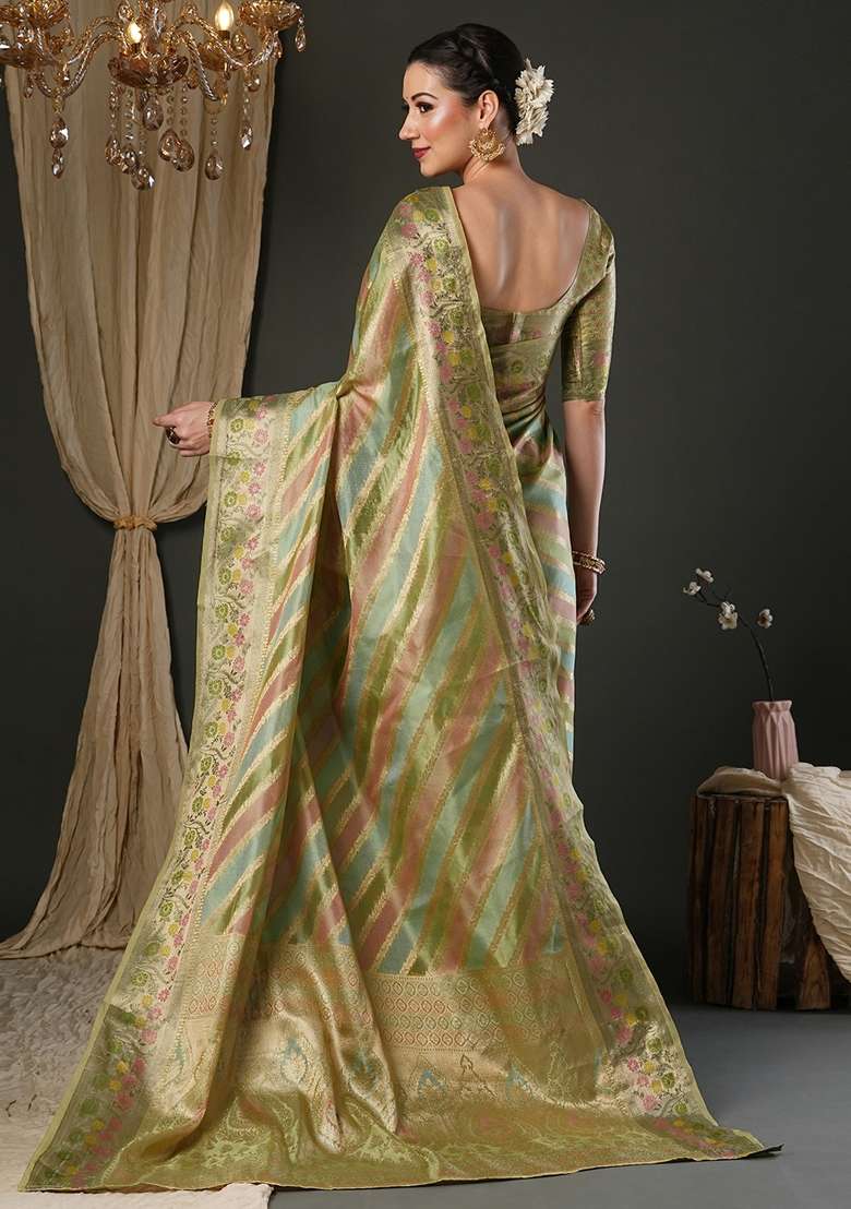 Light Green Printed Organza Saree Set - Indya