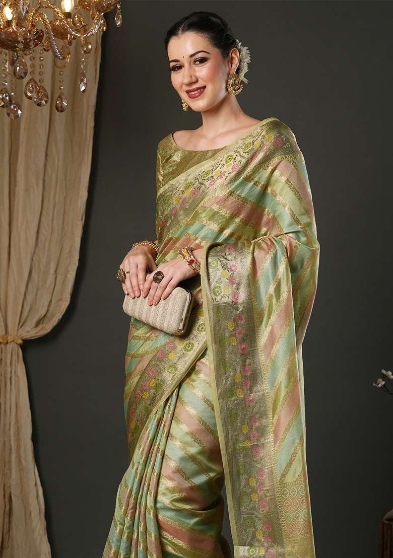 Light Green Printed Organza Saree Set - Indya