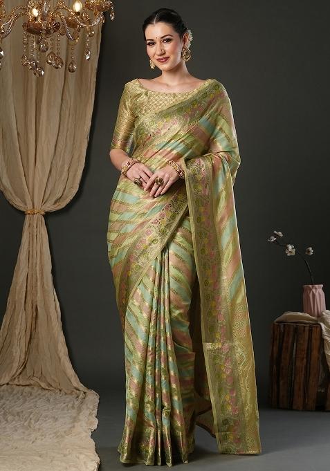 Light Green Printed Organza Saree Set — view on Indya