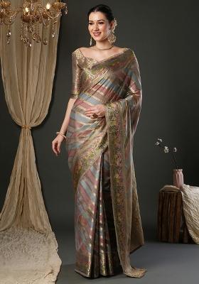Grey Printed Organza Saree Set