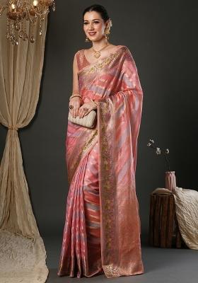Pink Printed Organza Saree Set