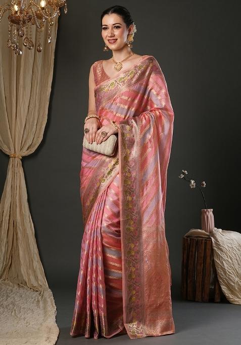 Pink Printed Organza Saree Set — view on Indya