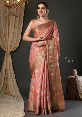 Pink Printed Organza Saree Set