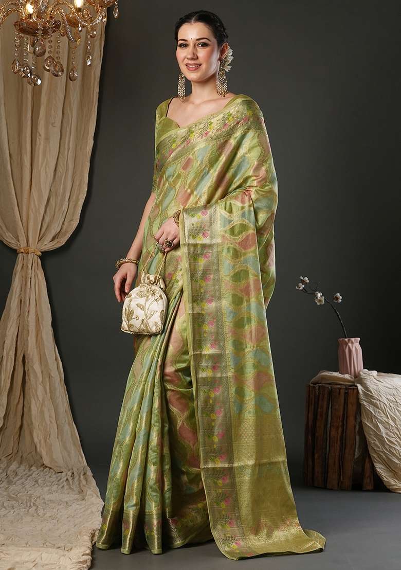 Light Green Printed Organza Saree Set - Indya