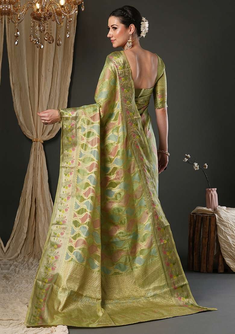 Light Green Printed Organza Saree Set - Indya