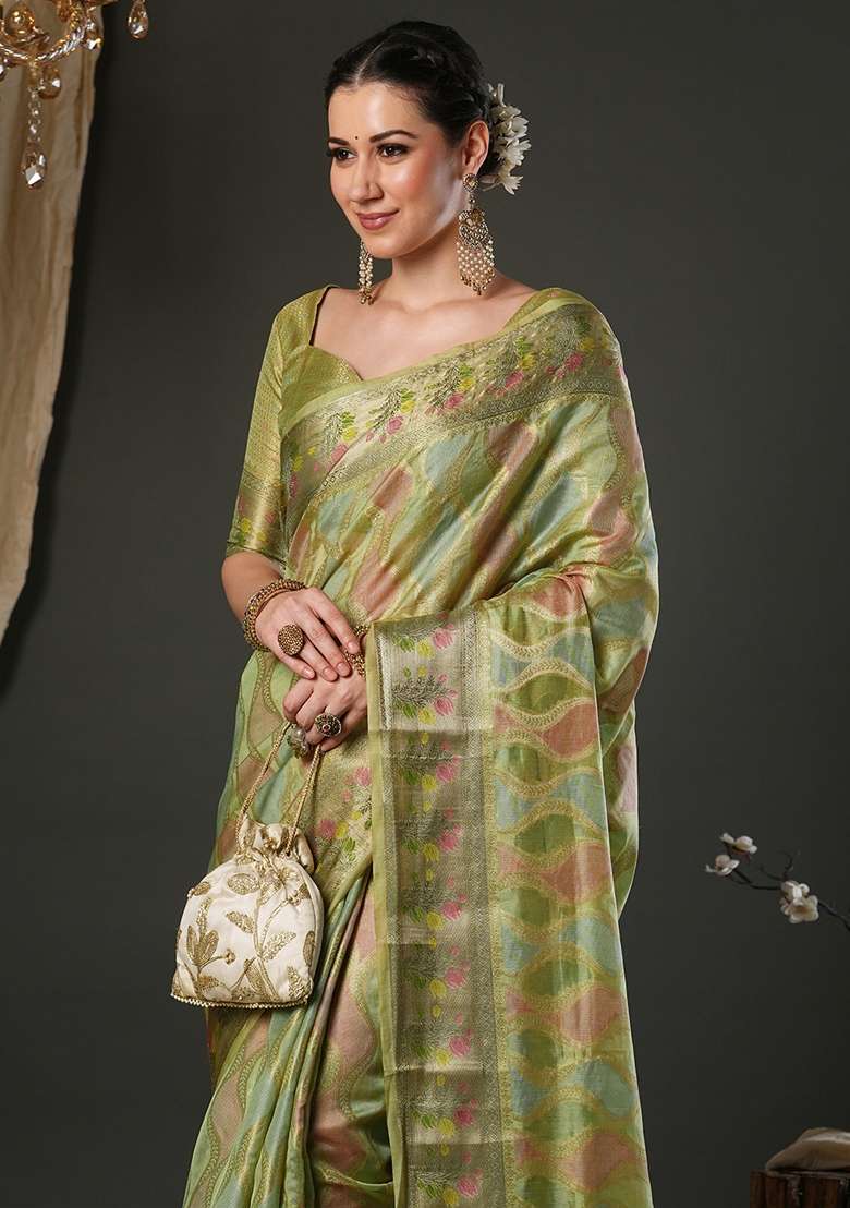 Light Green Printed Organza Saree Set - Indya