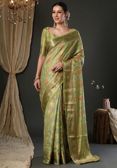 Light Green Printed Organza Saree Set — view on Indya