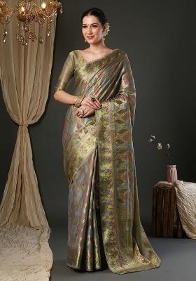 Grey Printed Organza Saree Set