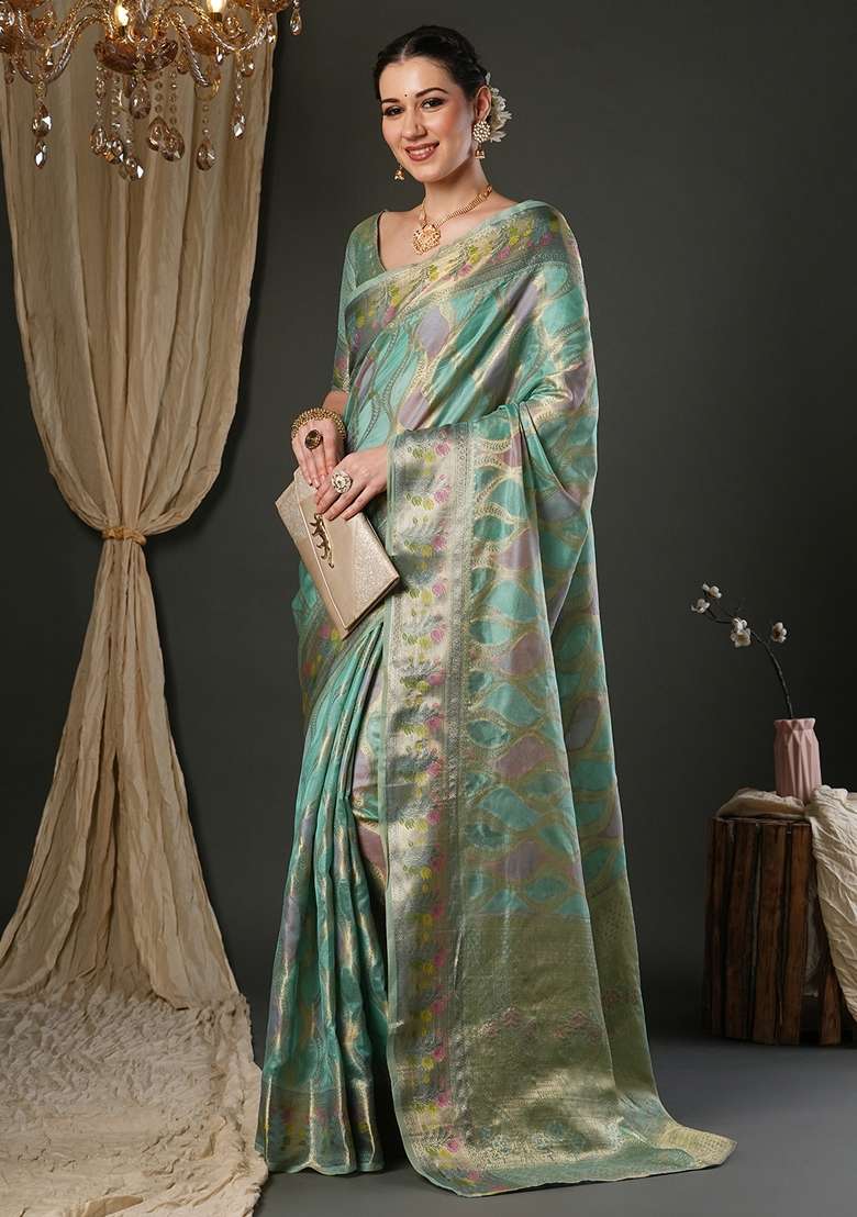 Light Blue Printed Organza Saree Set - Indya