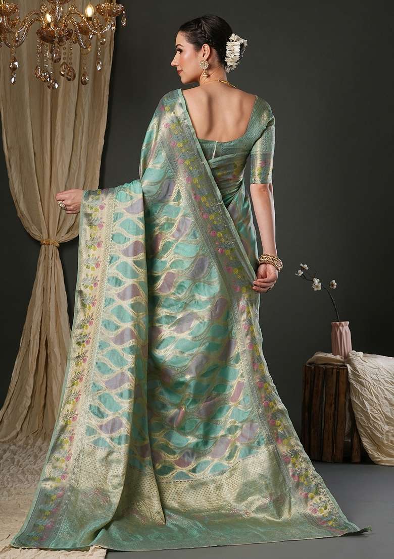Light Blue Printed Organza Saree Set - Indya
