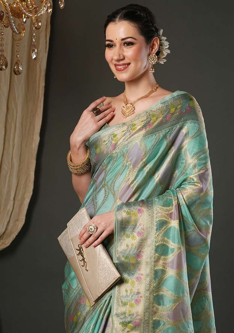 Light Blue Printed Organza Saree Set - Indya