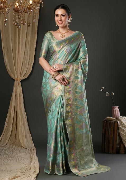 Light Blue Printed Organza Saree Set — view on Indya