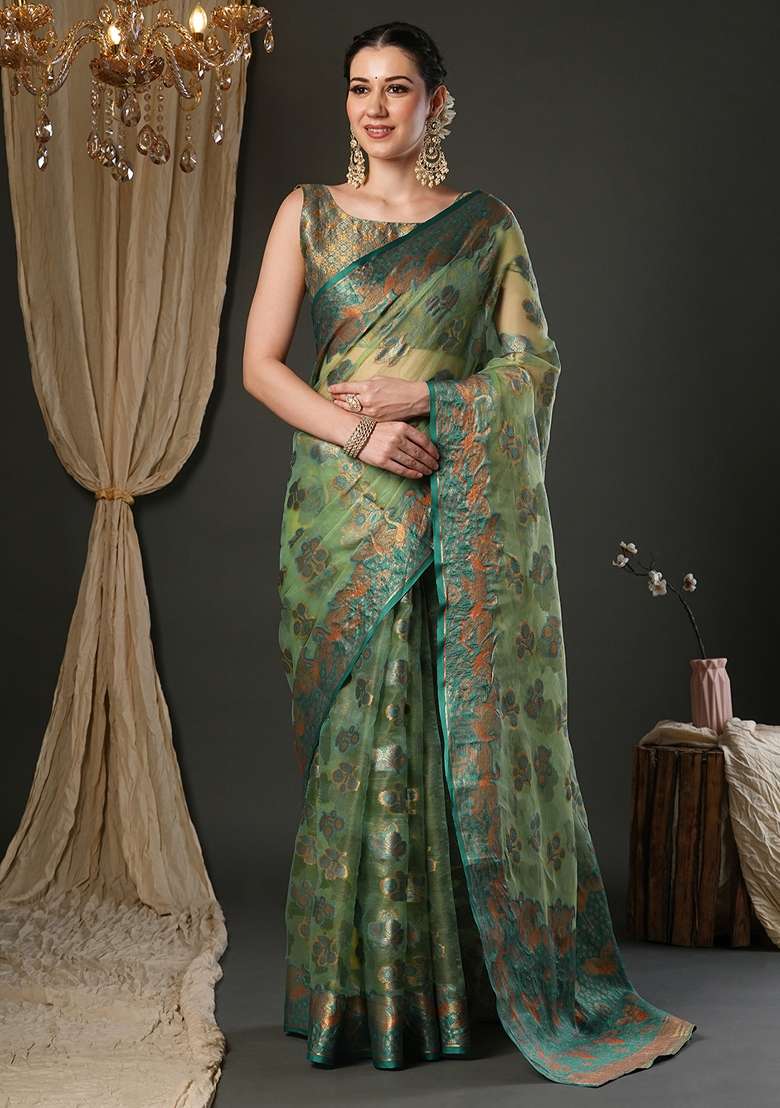 Light Green Printed Organza Saree Set - Indya