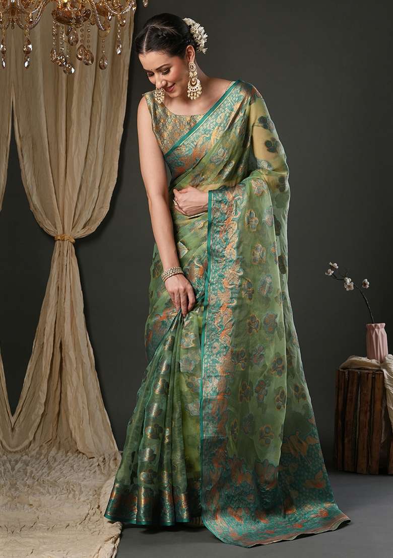 Light Green Printed Organza Saree Set - Indya
