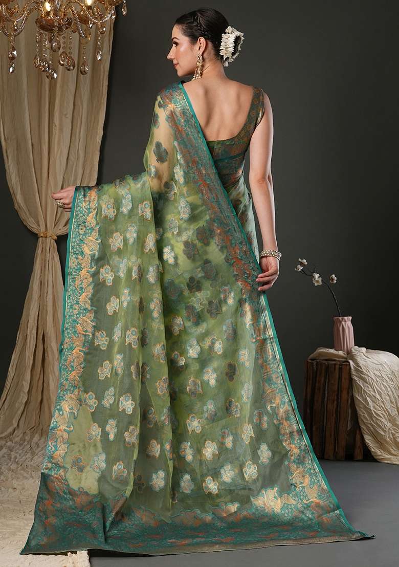 Light Green Printed Organza Saree Set - Indya